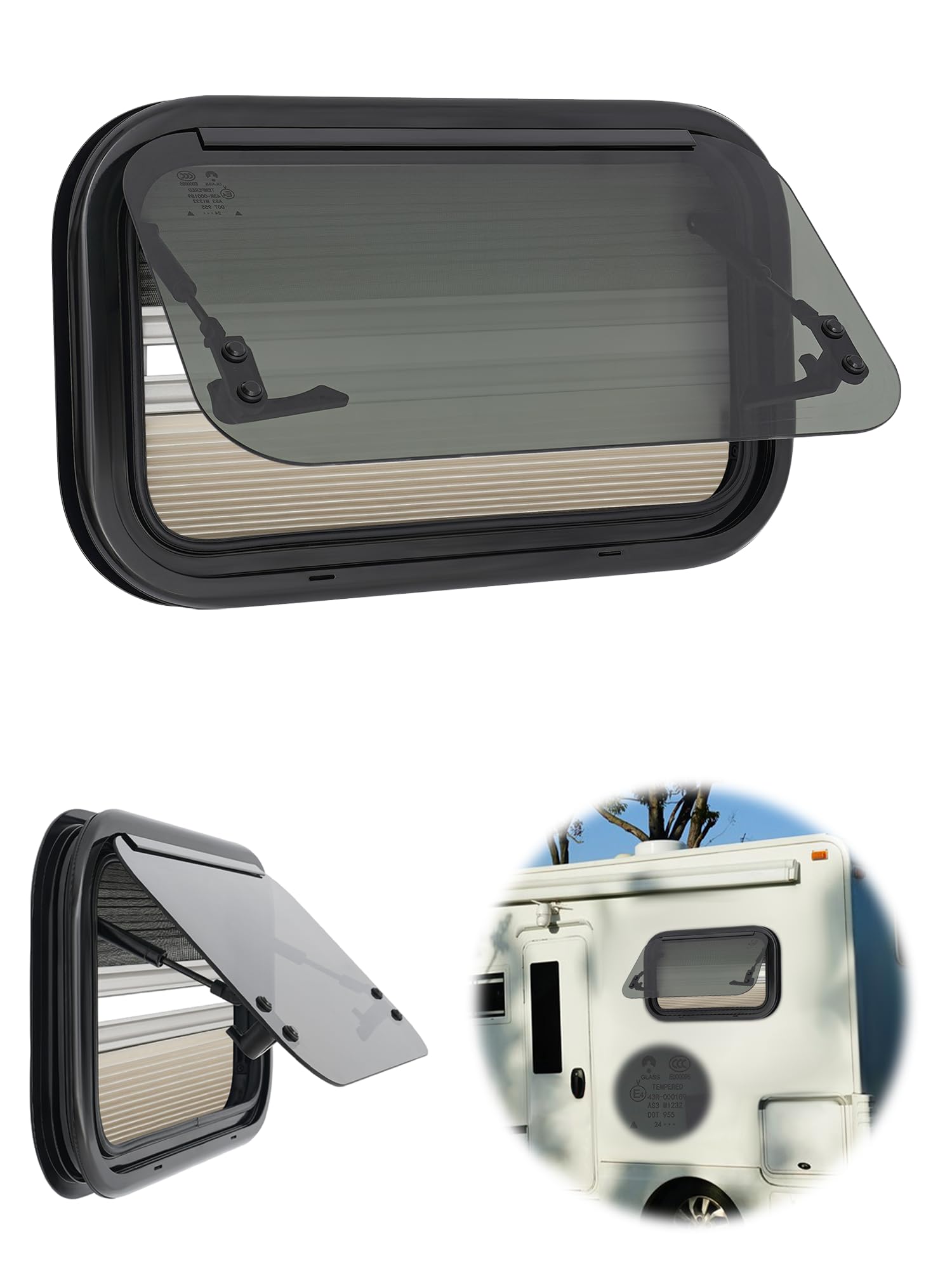 Ventana para caravana, 500 x 300 mm, ventana de 85°, autocaravana E4 con mosquitero y toldo integrado, ventana lateral, autocaravana con cierre deslizante exterior