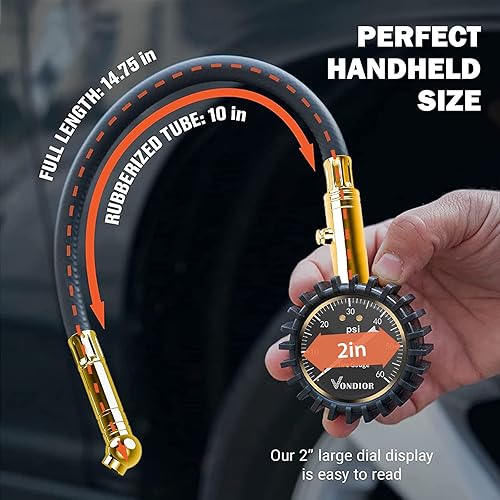 Miniatura 6 de Vondior Medidor de presión de neumáticos con tubo (0-60 PSI), medidor de presión de aire certificado ANSI preciso con esfera brillante grande y