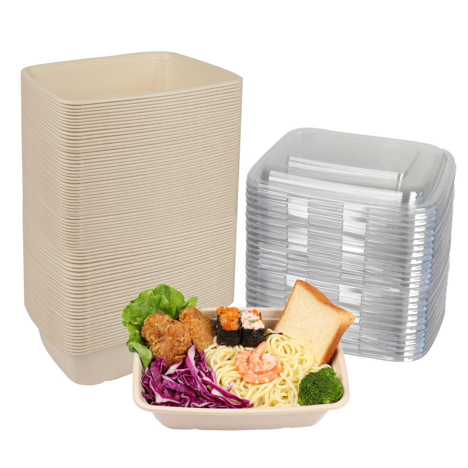 JAYEEY 40 oz Rectangle Disposable salad bowls with lids, Sugarcane Fibers Bowls take away food containers Plant Fibers Freezer Safe 50 Pack