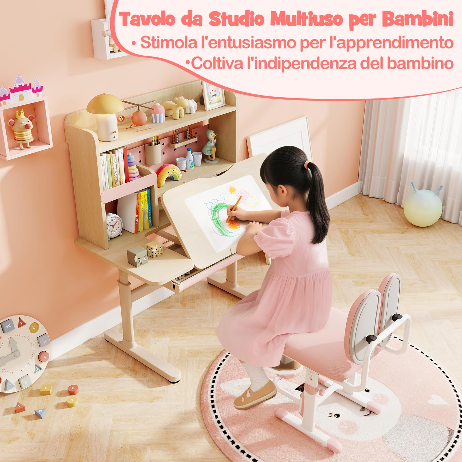 COSTWAY Scrivania per Bambini 3+ Anni, Tavolo da Studio Regolabile in Altezza con Libreria e Cassetto, Piano Inclinabile, Mensole, Leggio e Portapenne, Scrivania per Studiare (Rosa)