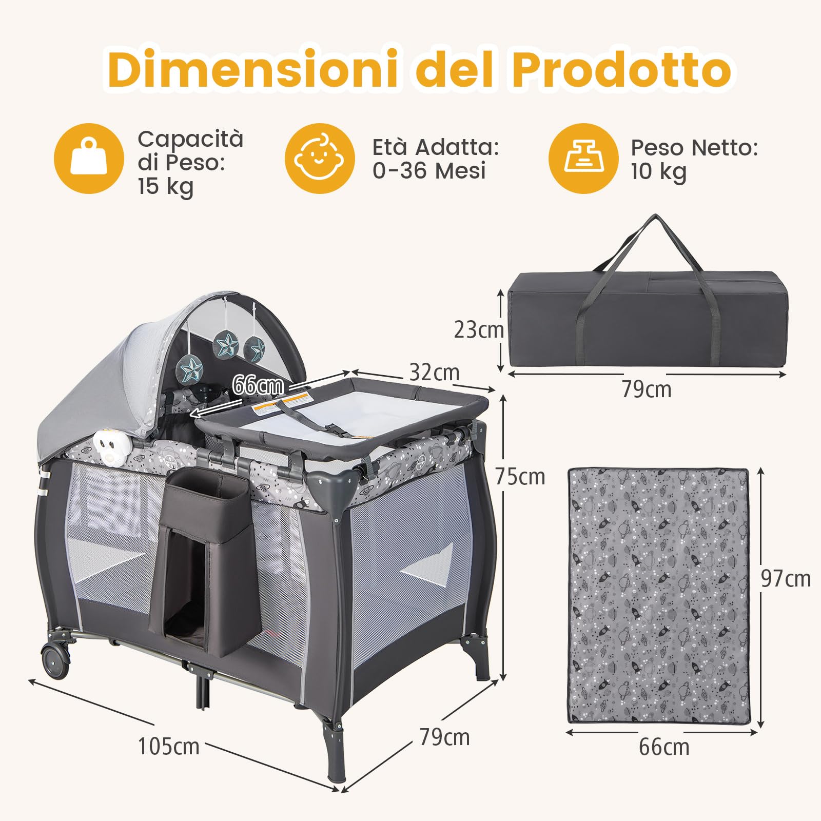 RELAX4LIFE 4 in 1 Lettino da Campeggio con Materasso per Bambini, Culla da Viaggio per Neonati con Fasciatoio, Baldacchino Retrattile con Zanzariera, Adatto a Bambini da 0 a 36 Mesi (Grigio, Stile 2)