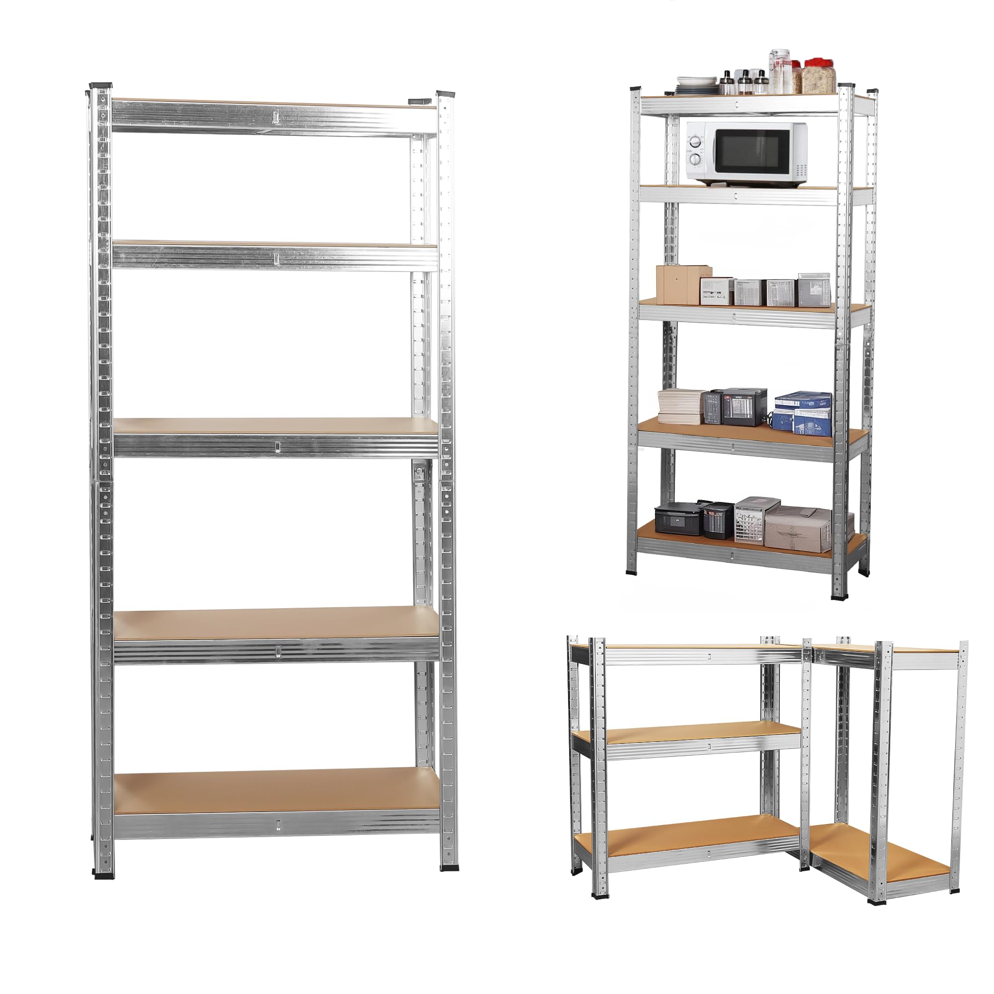 5-Tier Heavy Duty Garage Shelving Units – 875kg Capacity Steel Storage Shelves, Boltless Assembly, Adjustable Height & Layout for Warehouse, Living Room, Kitchen, Bedroom (Silver, 90x40x180cm)