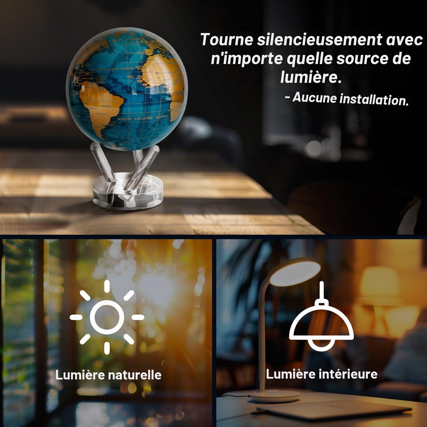 Globe MOVA Bleu et Or 21,5 cm | Globe Rotatif avec Lumière sur Socle Transparent | Sans Piles ni Câbles | Décoration Moderne pour Maison ou Bureau