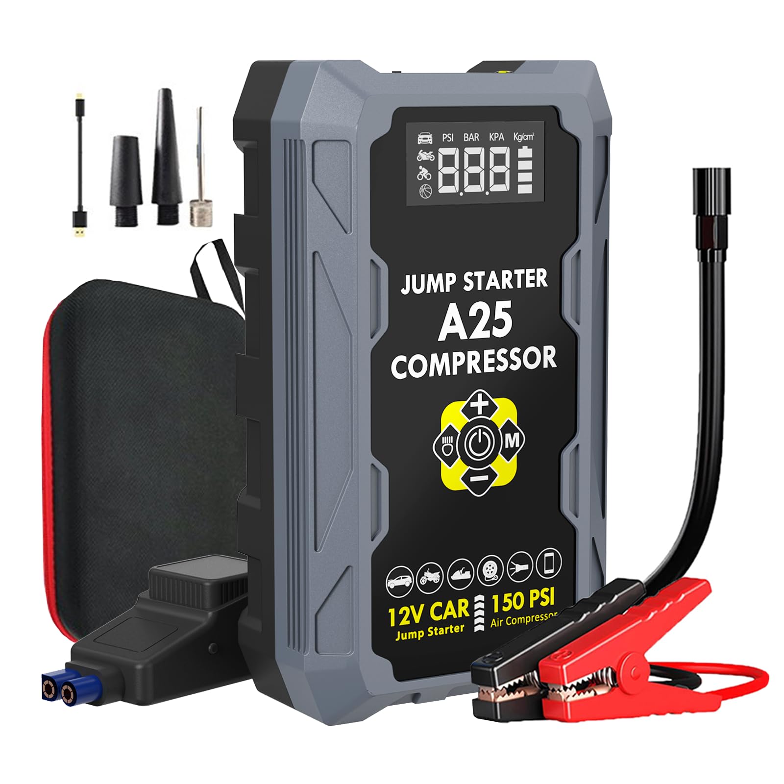 Paquete de energía de arranque de 5000 A con compresor de aire de 150 PSI, 8 en 1 de 12 V, arrancador de batería de coche para todos los motores diésel de gasolina/6.5 L, banco de energía con QC3.0