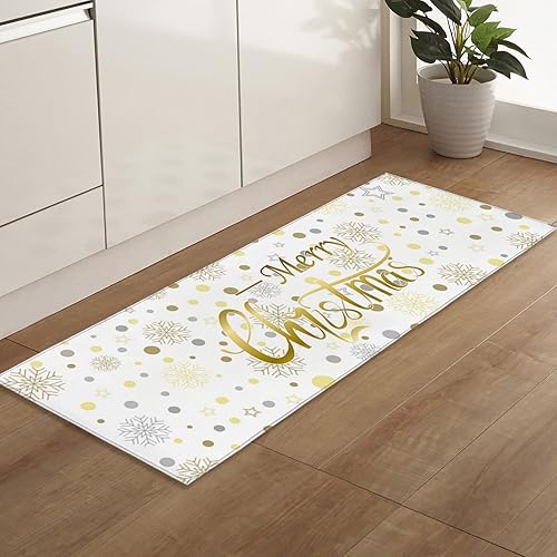 Alfombra de pasillo de Feliz Navidad, diseño de lunares dorados y blancos, antideslizantes, de bajo perfil, para entrada, cocina, lavandería,