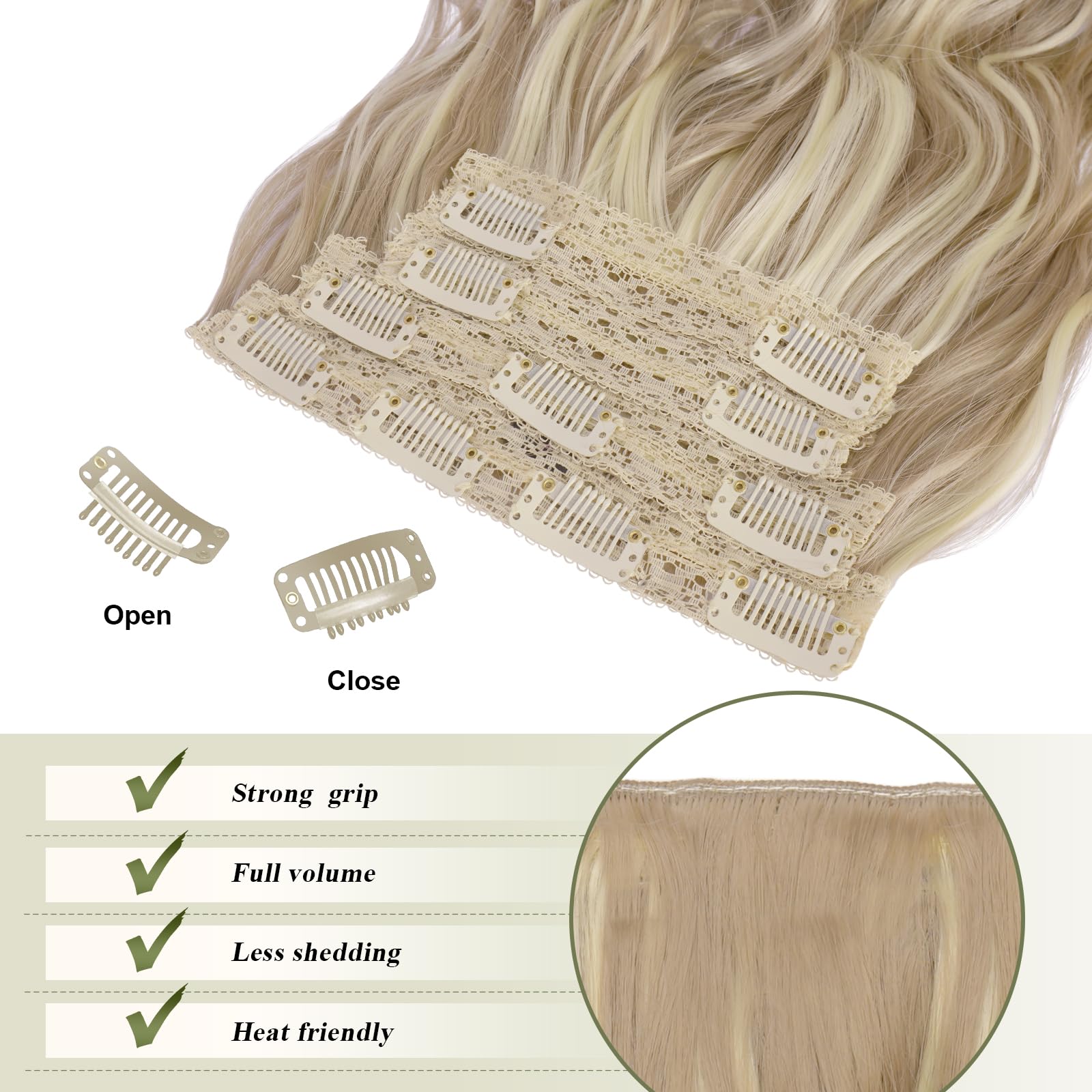 FESHFEN Clip in Hair Extensions 4PCs Long Wavy Thick Hair Piece Highlighted Full Head Synthetic Natural Curly Dirty Blonde Extension for Women 16 Inch - Image 4