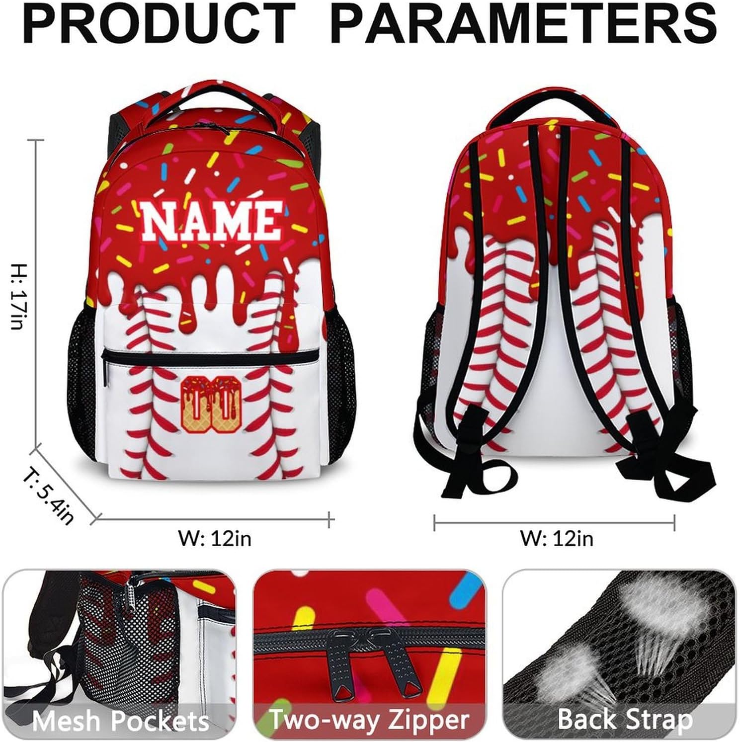 Custom Baseball Drip Backpack for Children Teen Kids School Supplies for Boys Girls, Casual Red Bookbag for Preschool Elementary Kindergarten Vacation Travel Picnic - Image 4