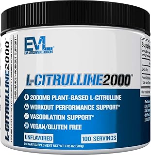 Evlution L-Citrulline2000 Nitric Oxide Pre Workout Powder Nutrition High Strength L Citrulline Powder for Enhanced Muscle Strength and Intense Pumps - Plant Based Nitric Oxide Booster - Unflavored