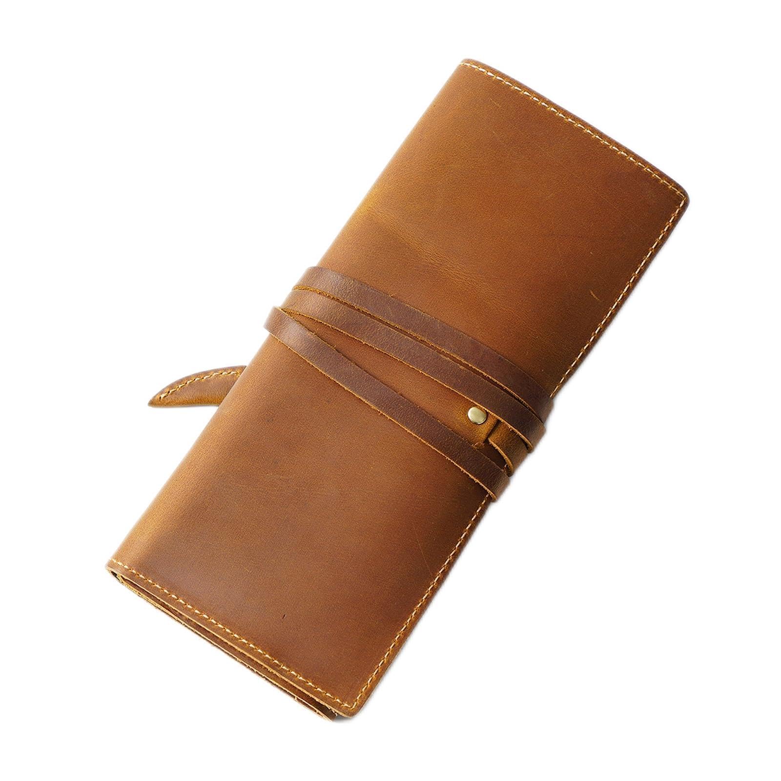 Pochette à rideau en cuir marron pour stylos de luxe et papeterie