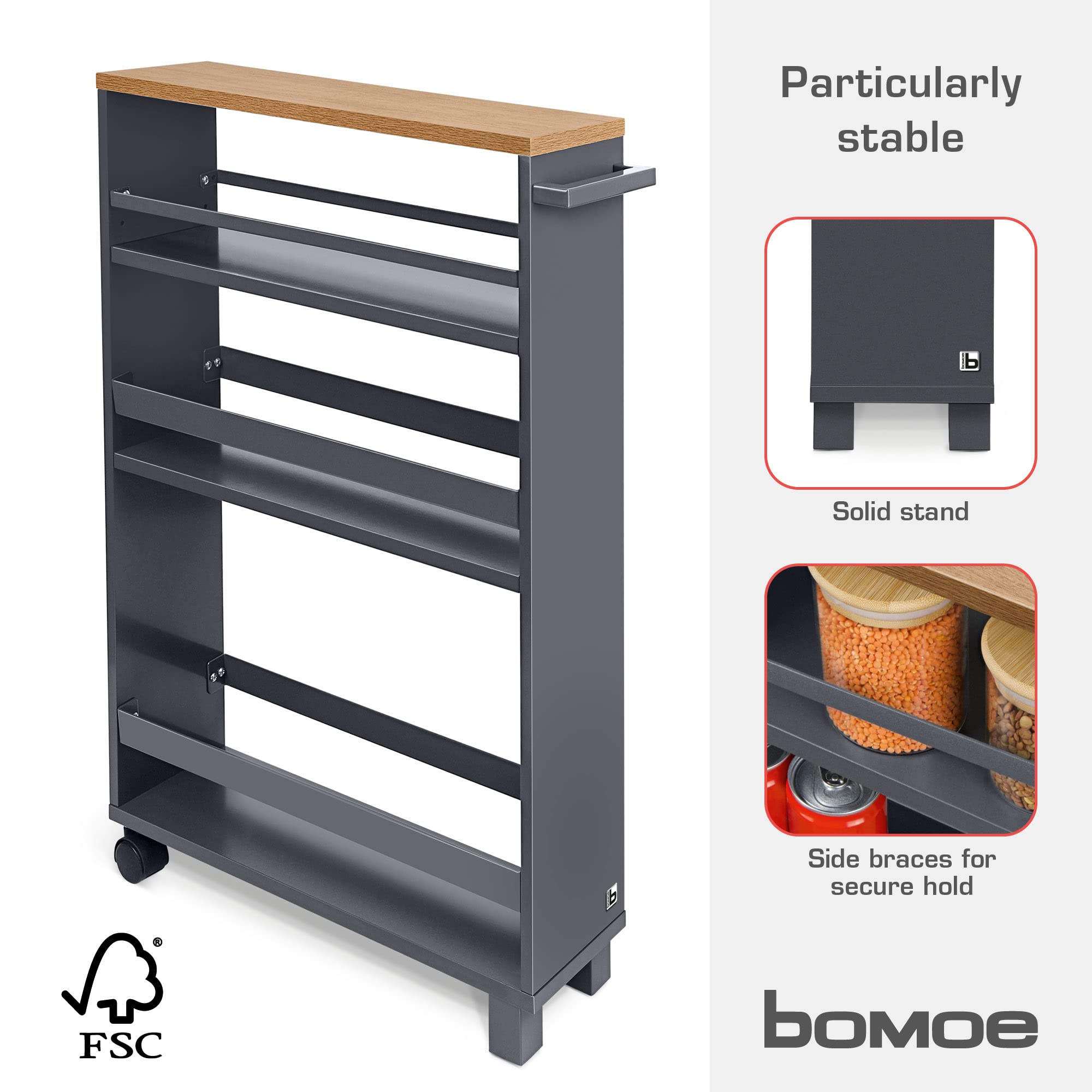 bomoe Carrello da Cucina Antracite Quercia Hylla - scaffale da Cucina 50x79x15 cm - Carrello con Ruote, 3 ripiani e piano lavoro in legno FSC® - Carrello da portata - mobile da Cucina e da Bagno