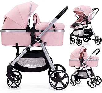 Lortsybab 2-in-1 Baby Stroller - Folding Infant Newborn Pram Stroller with Reversible Seat - Toddler Strollers for 0-36 Months Old Babies (Pink)
