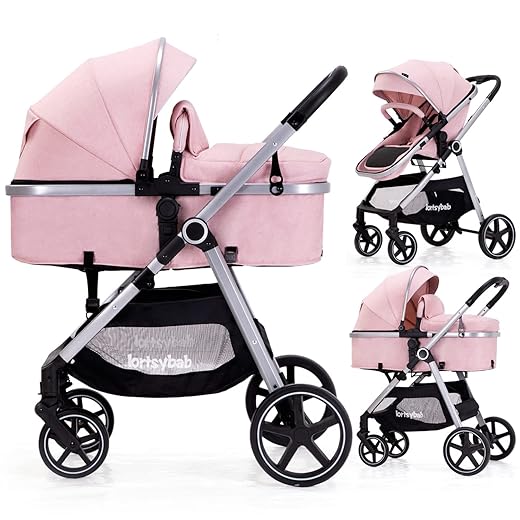 2-in-1 Baby Stroller with Bassinet Mode - Folding Infant Newborn Pram Stroller with Reversible Seat - Toddler Strollers for 0-36 Months Old Babies (Pink)