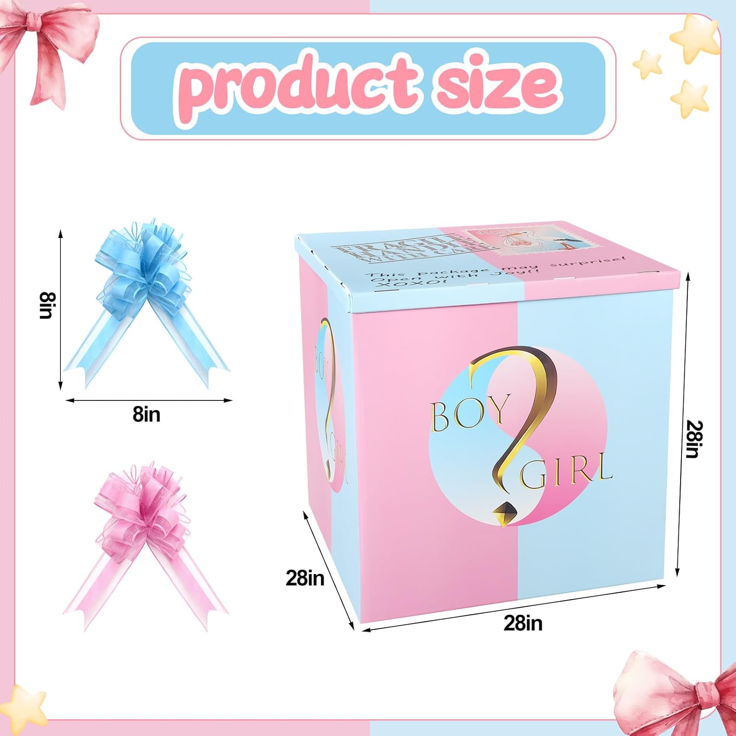 amazingspark 28in jumbo gender reveal gift box kit with oversized box giant pull bows for gender reveal baby shower birthday party decor (boy or girl 2)