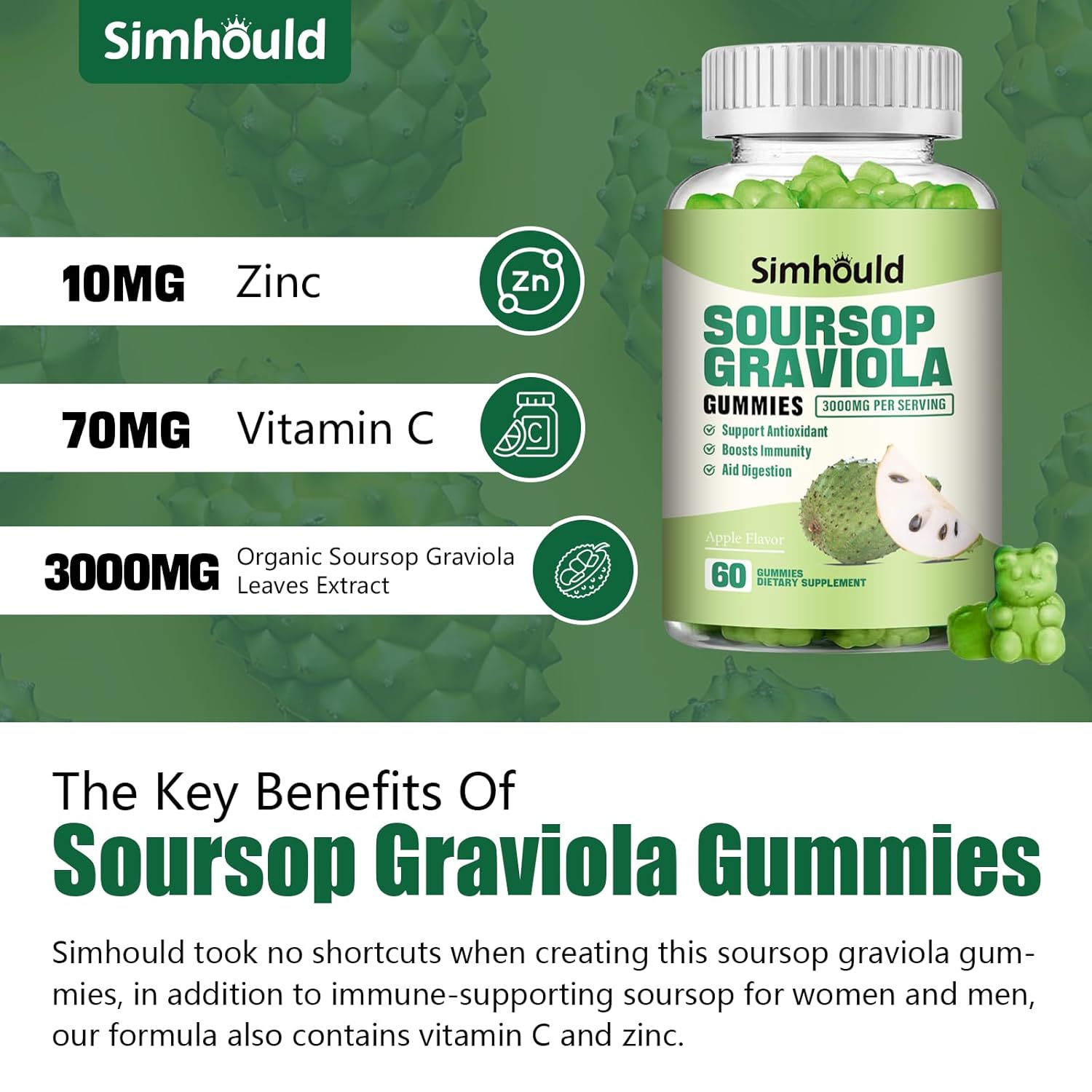 Simhould 2 Pack Soursop Graviola Gummies - 3000mg Extra Strength Soursop Leaves Supplement with Vitamin C, Zinc - Digestive Aid, Immune Support & Antioxidant - Sugar-Free, Non-GMO, Vegan, 120 Counts
