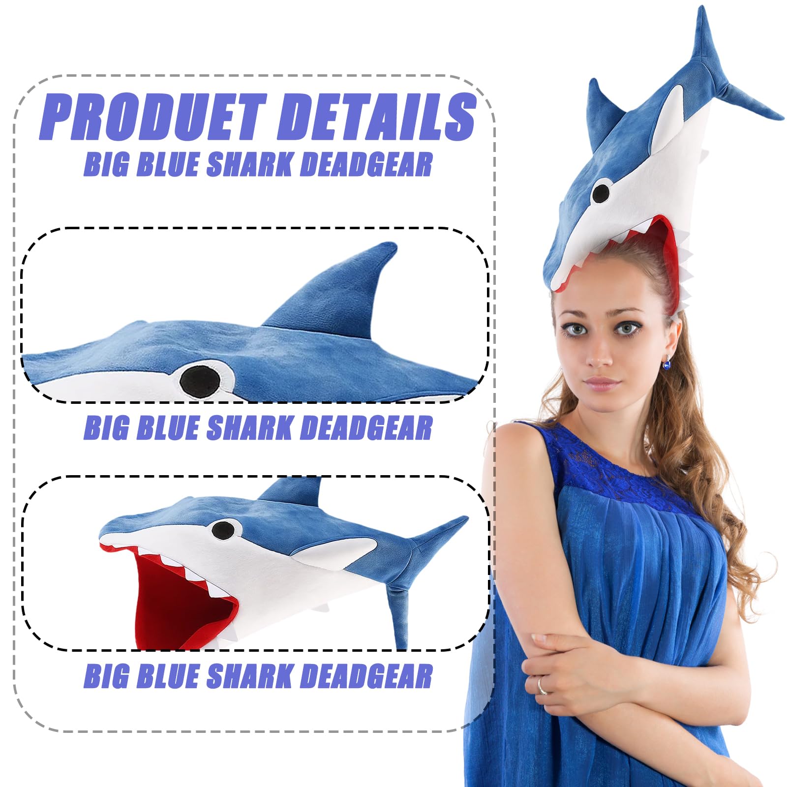 QhgPnt Shark Hat, Blue Shark Costume Headpiece for Halloween and Costume Parties Shark Mask with Realistic Design - Image 3