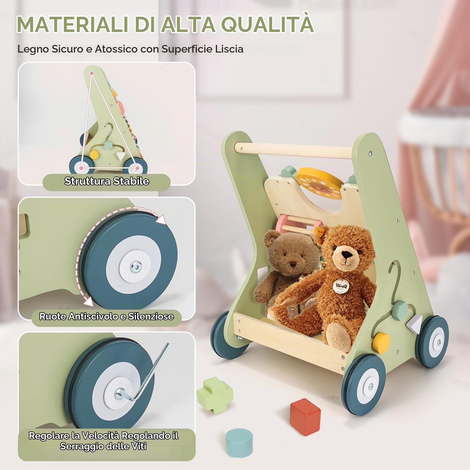 Carrello Primi Passi Legno Bambini, Giochi Montessori 12+ Mesi | 10 Attività Sensoriali, Velocità Regolabile, Xilofono Labirinto Perle Specchio, Regalo Bambini e Bambine