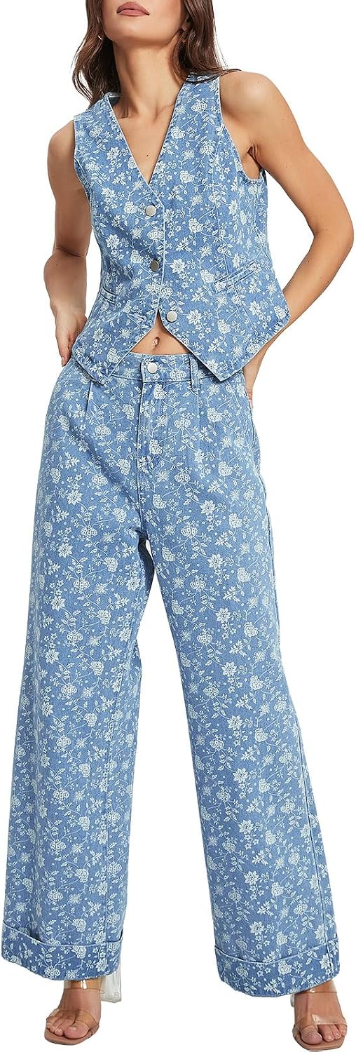 SCOFEEL 2 Piece Denim Set for Women Button Sleeveless Y2k Floral Denim Vest Waistcoat Wide Leg Jeans Two Piece Outfit Suits