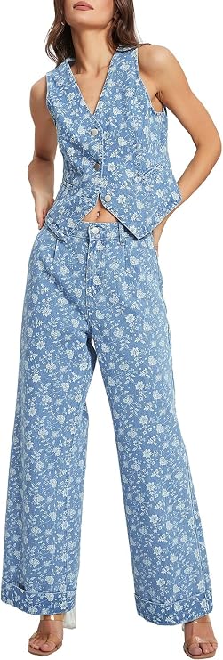 SCOFEEL Womens 2 Piece Denim Set Button Sleeveless Jean Vest Pants Sets Y2k Waistcoat Wide Leg Jeans Two Piece Casual Outfits