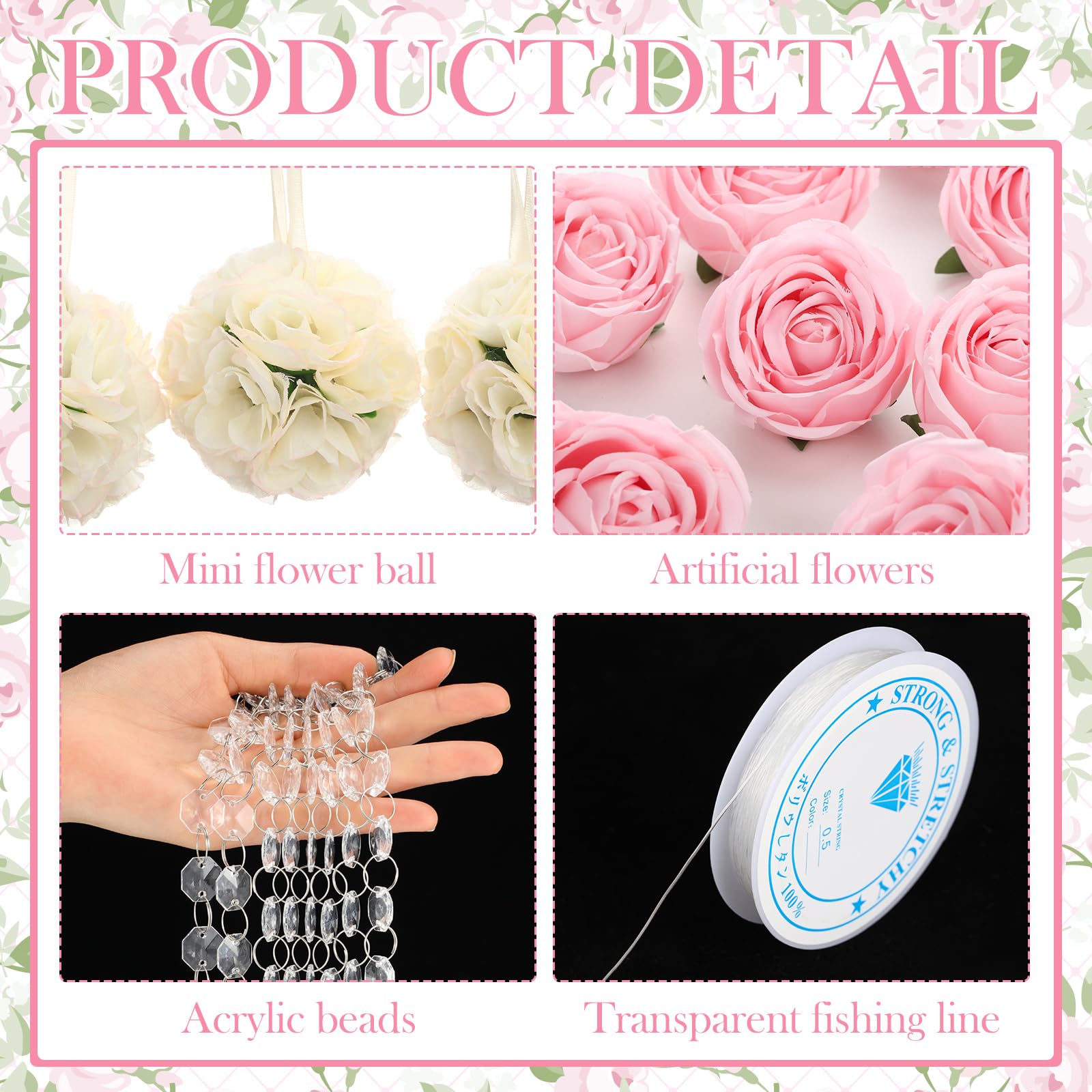 Juego de 19 decoraciones de mesa de boda, centros de mesa, 8 rosas artificiales, 4 bolas de flores besadas con 6 gemas acrílicas de cristal, guirnalda de cuentas de 1 hilo para decoraciones de