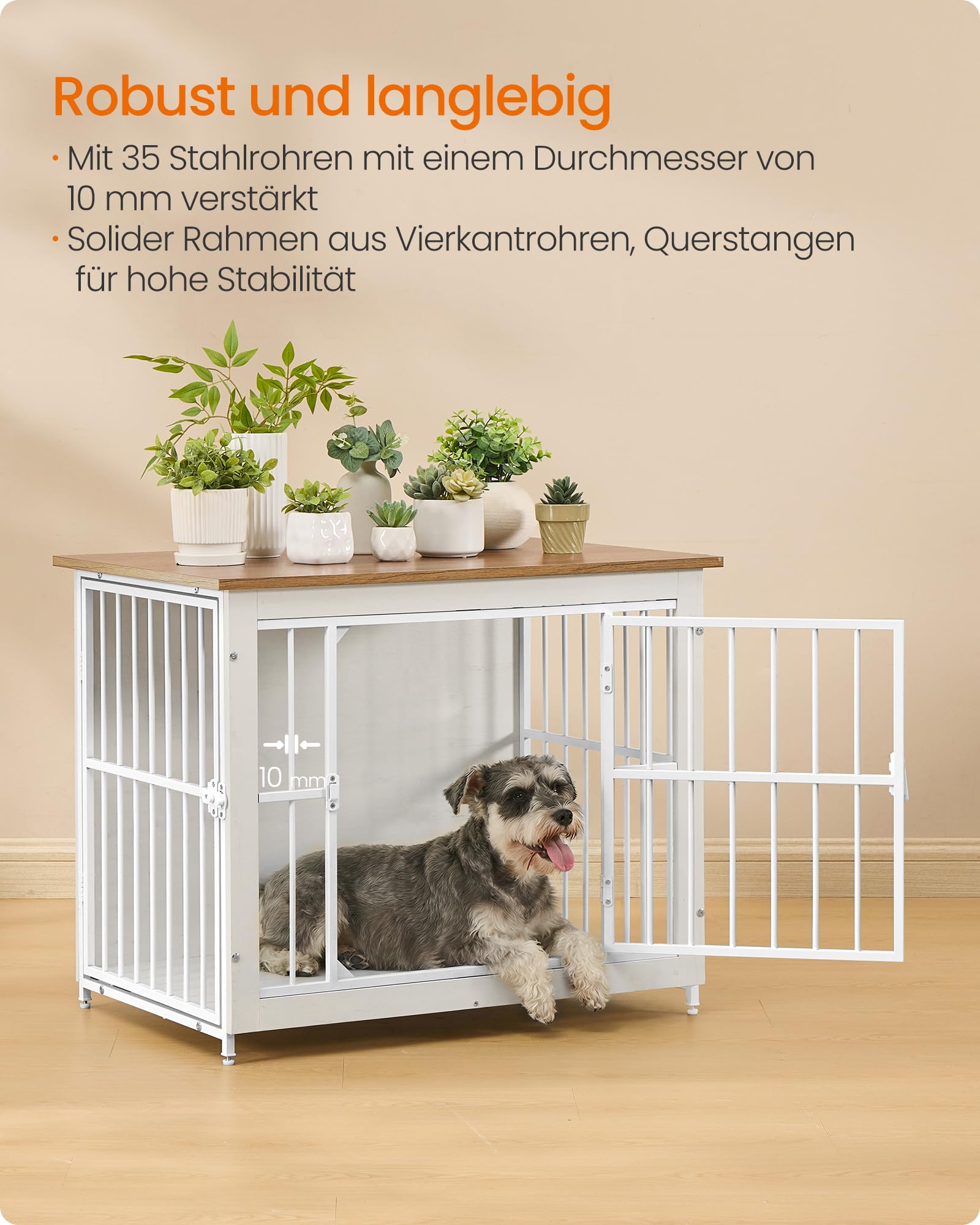 Feandrea Hundebox, Hundekäfig Möbel, Gitterbox aus Holz und Metall, mit 2 Türen und Geschlossenem Boden, 82 x 55 x 64 cm, für Zuhause, Vintagebraun-Weiß, Degwood PFC022KB01