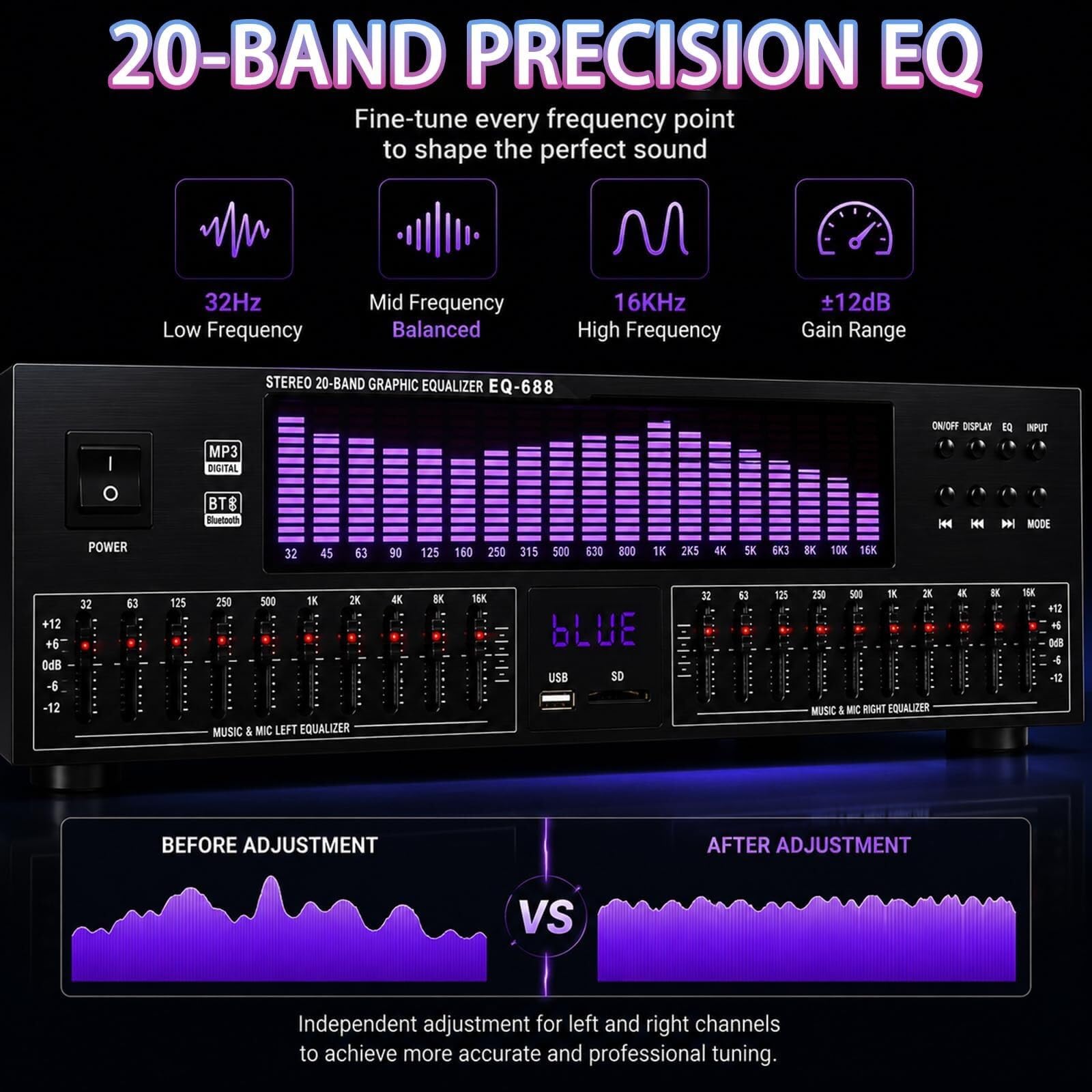 Ecualizador gráfico Hi-Fi de 20 bandas, procesador de audio estéreo digital con 15 efectos dinámicos, pantalla LED de espectro, analizador de espectro musical con control independiente