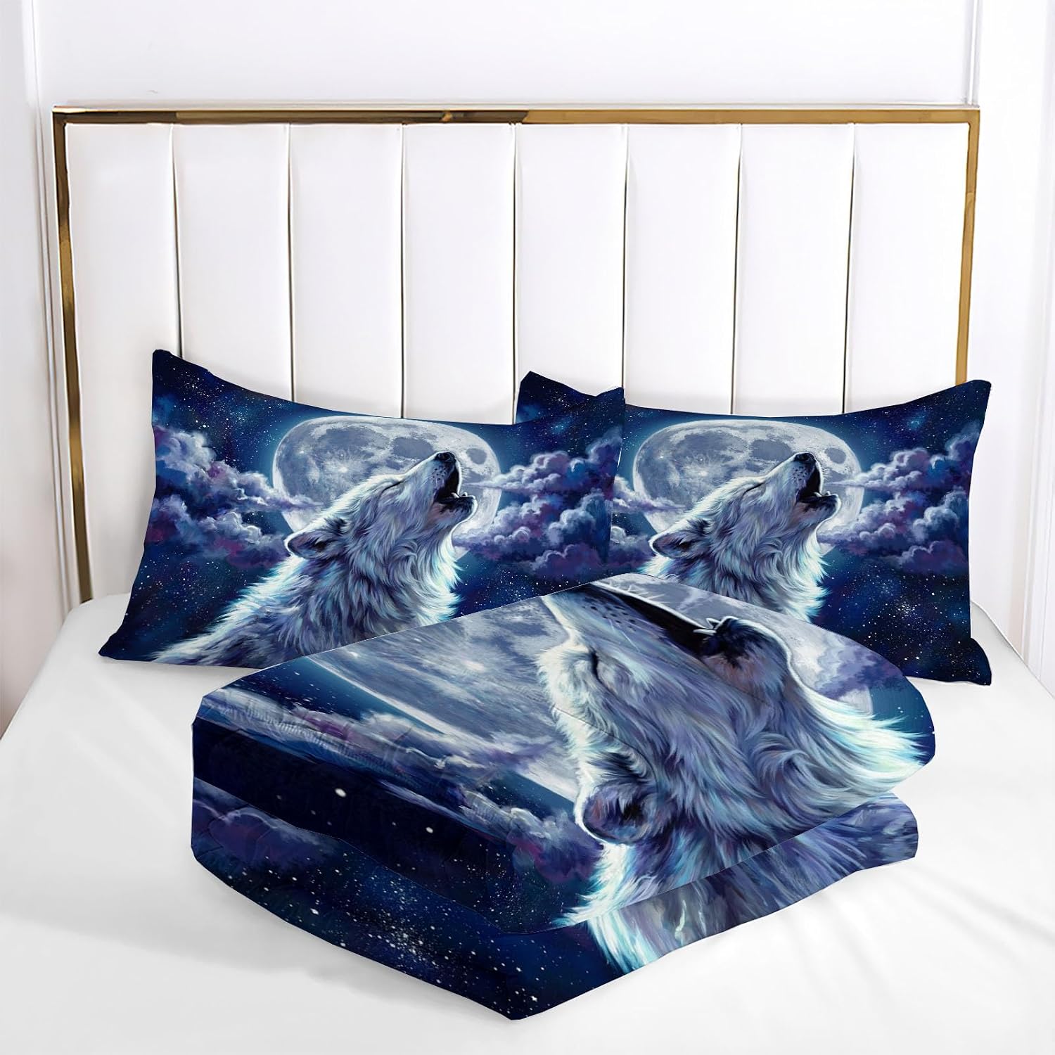 Fantasy Animals Comforter Set King Size, Wolf Moon Bedding Set for Girls Boys, Blue Quilt Bed 104"X90" Bedding Comforter Sets with 2 Pillowcase Room Decor