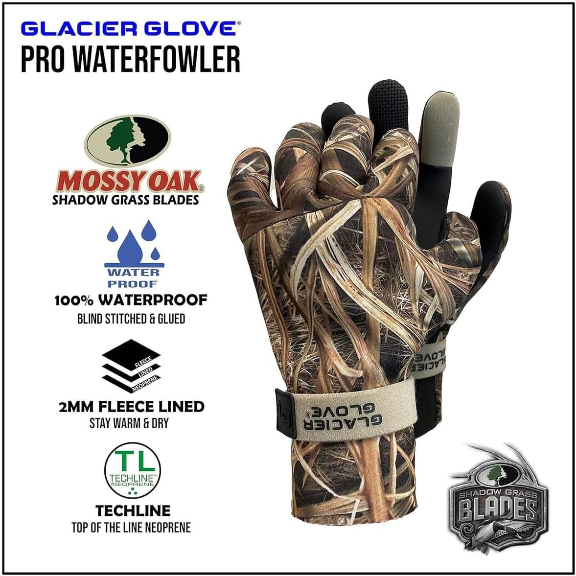 Glacier Glove Pro Waterfowler Durable Waterproof Multifunctional Outdoor Fleece-Lined Neoprene Gloves w/Pre-Curved Fingers