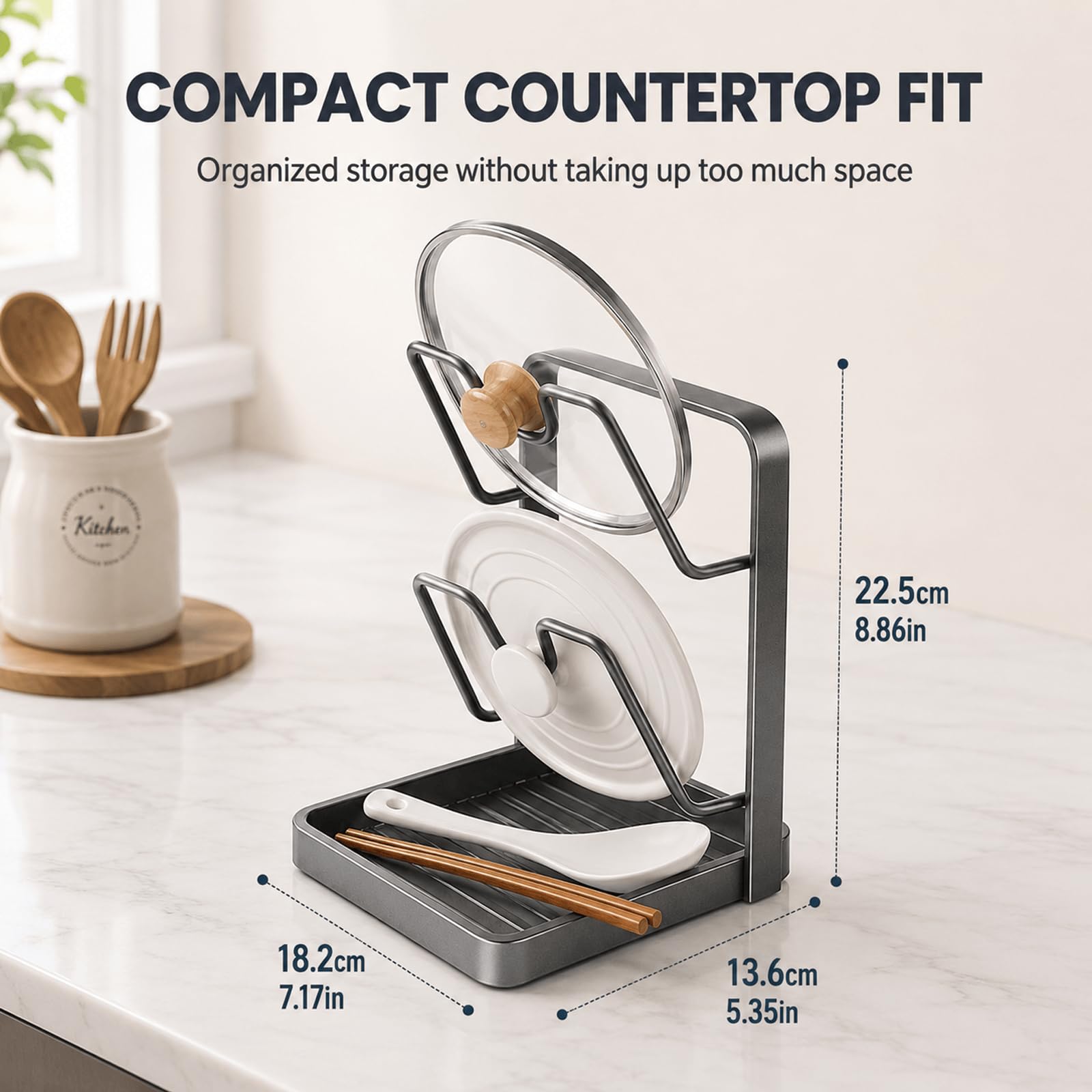 Multifunktionaler Topfdeckel Organizer, Kochlöffelablage und Schneidebrett Halter für Küche, kompakter Ständer für Deckel, Löffel, Spatel und Küchenhelfer,Beige- Three Floors
