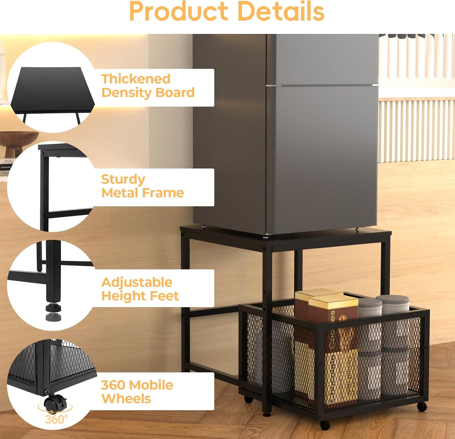 FAHKNS Mini Fridge Stand 19.7 Inch Square Mobile Mini Fridge Cart with Storage Drawer Basket Heavy Duty Fridge Cart, Large Capacity Storage Beverage Refrigerator Table, Black