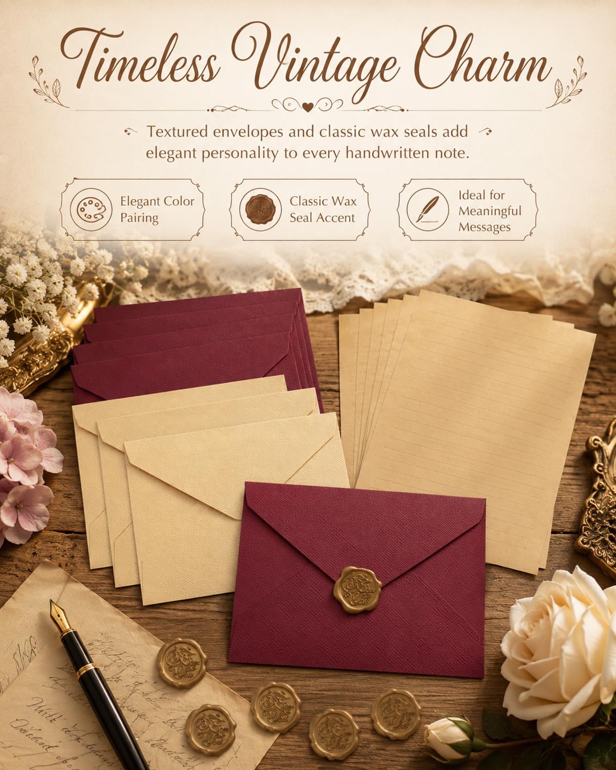 Set Carta da Lettere Vintage 32 Pezzi: 6 Buste & 20 Fogli A5 Kraft Rigati, 6 Sigilli Ceralacca per Inviti Matrimonio