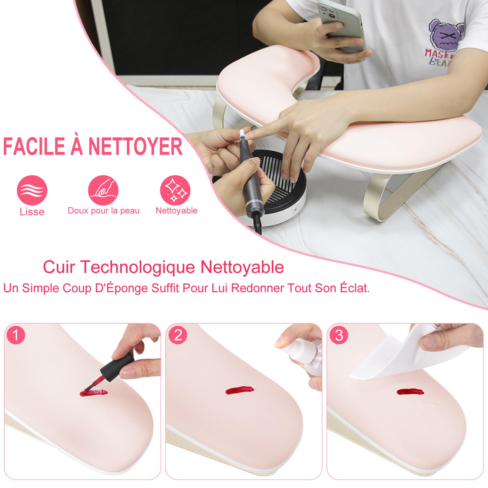 Coussin Manucure Repose Main en Cuir Nettoyable,Main pour Manucure avec Support en Alliage d'aluminium,Idéal pour les Technicien(ne) s Ongulaires Manucure(Rose)