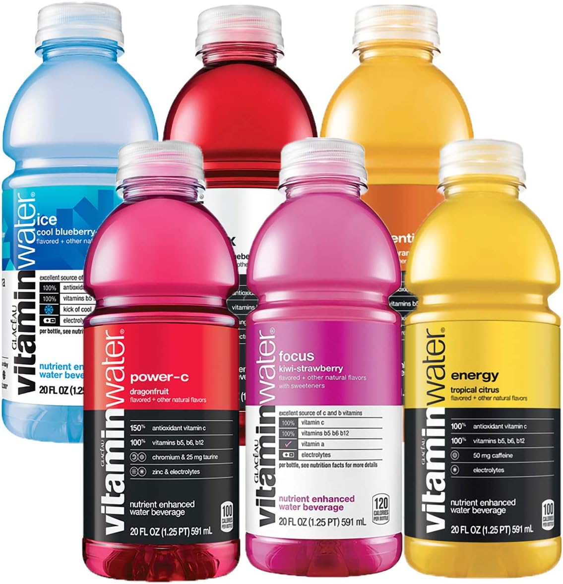 Vitamin Water, Nutrient Enhanced Water With Vitamins, Revive, Focus, Essential, XXX, Energy, Ice, Power C, 20 Oz Bottle, Variety Pack, FLAVORS MAY VARY, (Pack of 6 Bottles, Total of 120 Oz)