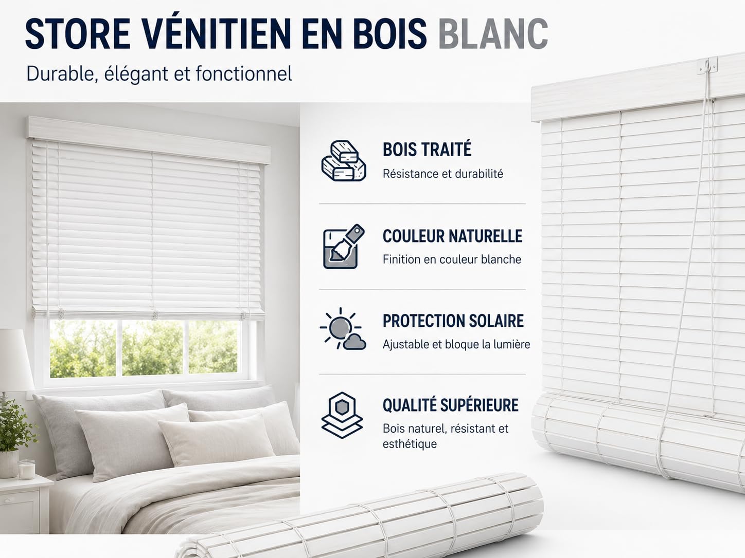 Stores enrouleurs en Bois Couleur Blanc– Portes et fenêtres – Installation Facile – PERTONI TENDE (Hauteur 230cm x Largeur 110cm)