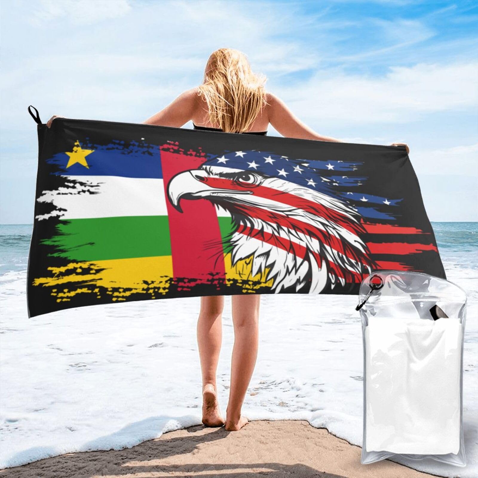 HACXZ America Flag and Central African Republic Flag Microfiber Beach Towel Lightweight Absorbent Travel Pool for Men Women 31.5"X63"