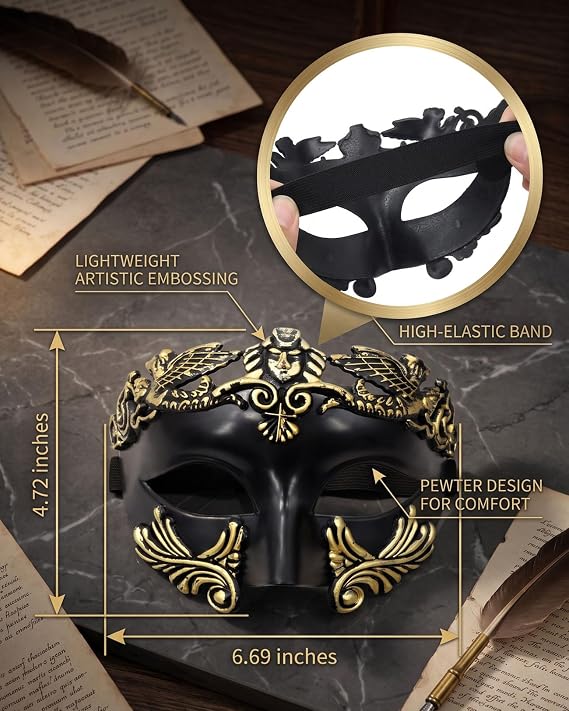 Masquerade Mask for Men- Vintage Roman Greek Venetian Half Face Mask for Mardi Gras Halloween Cosplay and Party