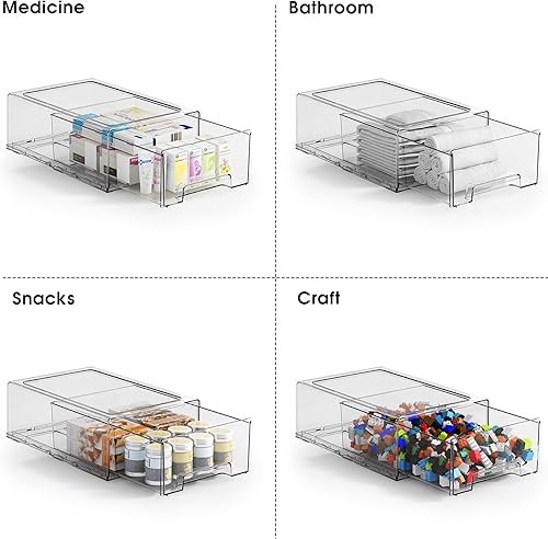 Miniatura 7 de Paquete de 2 cajones de plástico para almacenamiento, cajones de almacenamiento apilables transparentes grandes con cajones, organizador de cajones