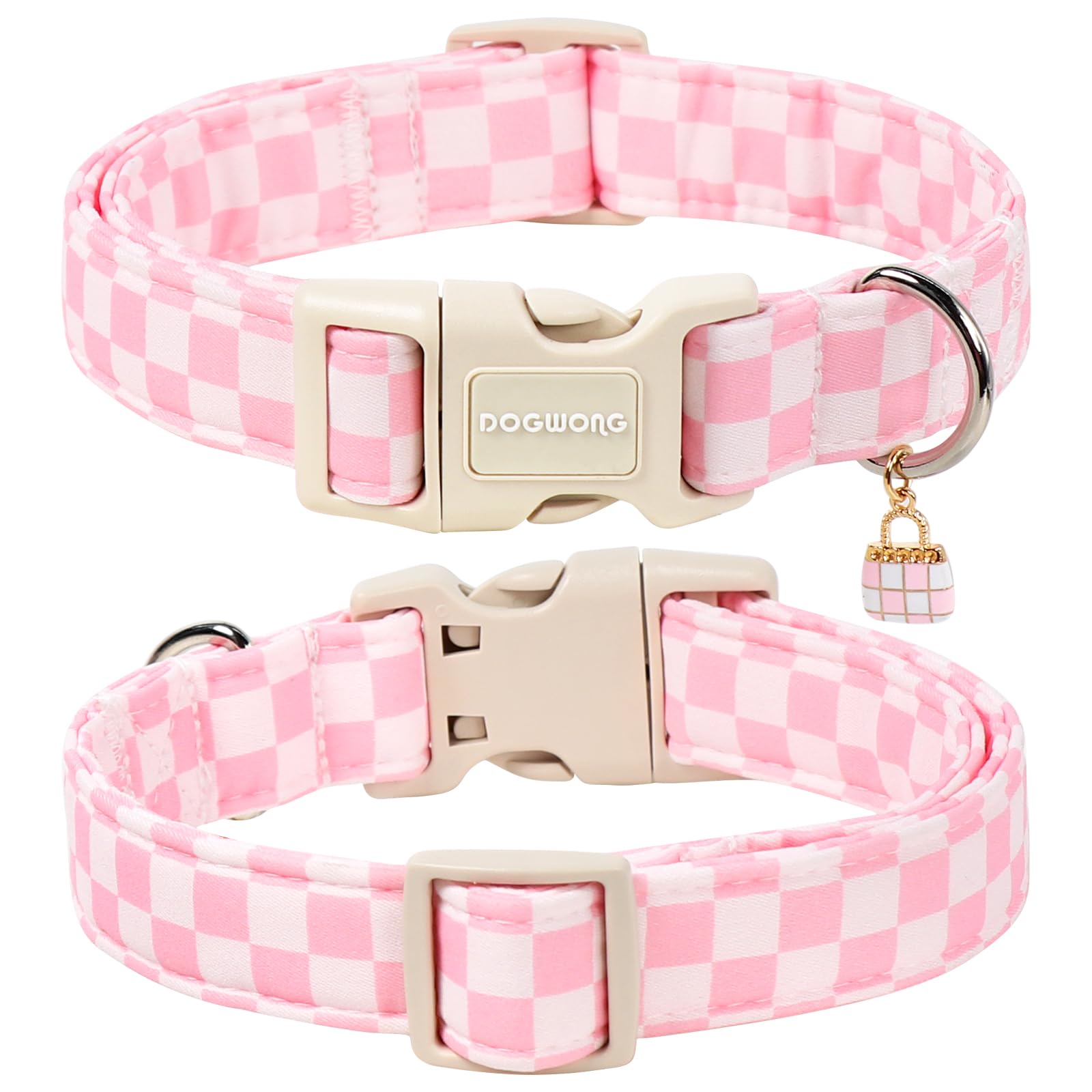 DOGWONG Girl Dog Collar for Medium Dogs, Pink Checked Dog Collars, Pink Checked Dogs Collars for Small Medium Dogs, Neck 14-21 inches - 2