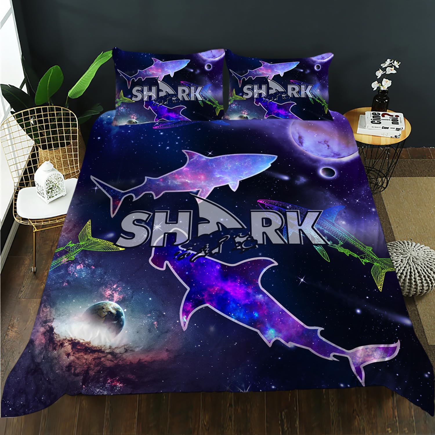 AILONEN Cartoon Shark Duvet Cover Full Size, Blue Sharks Bedding Set for Kids Boys,Galactic Stars Duvet Cover Set,3 PCS,1 Quilt Cover and 2 Pillowcases,Perfect for Kids Rooms