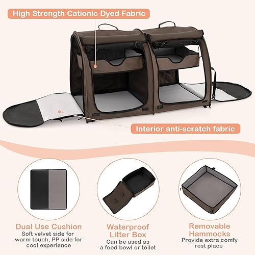 Miniatura 3 de Giantex Transportador de gatos de 40 pulgadas con compartimentos dobles, caja de arena de viaje, 2 hamacas y tapetes extraíbles, casa portátil para