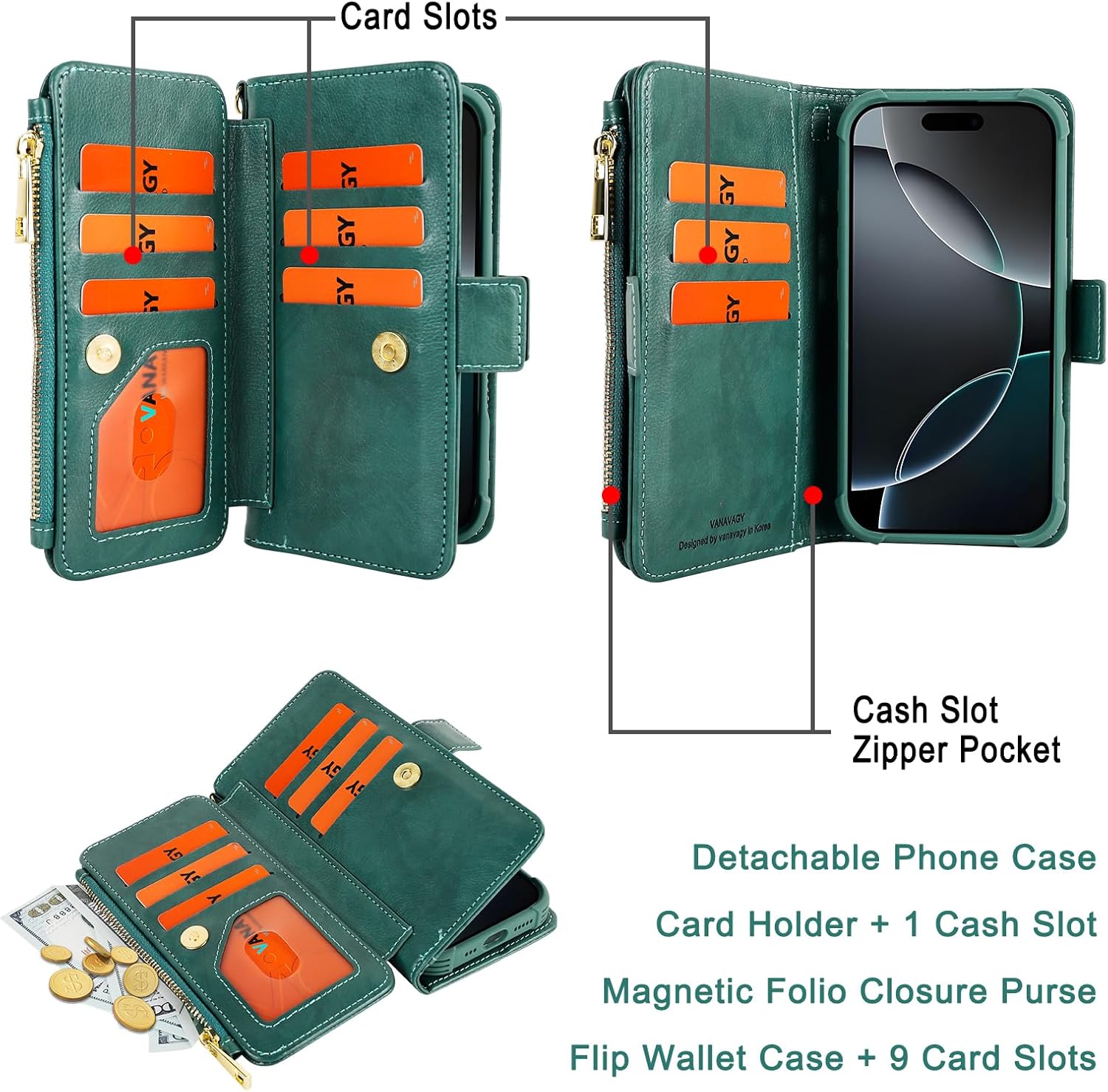 VANAVAGY Compatible with iPhone 16 Pro Wallet Case with RFID Blocking Card Holder for Women Men, PU Leather Magnetic Strap Wallet Detachable Phone Case with Kickstand for 16pro 6.3inch,Forest Green