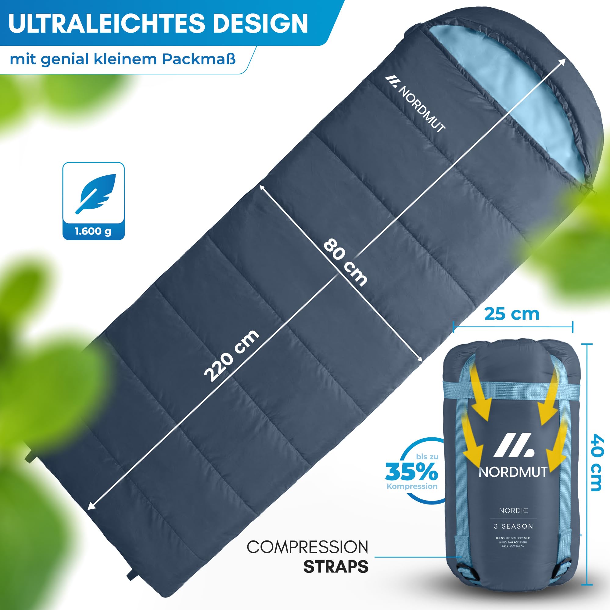 NORDMUT® Deckenschlafsack Erwachsene mit Zwei-Wege YKK-Reißverschluss – kleines Packmaß & Ultraleicht 1600g – 3-Jahreszeiten (250 GSM) – Schlafsack für Camping, Outdoor & Festivals
