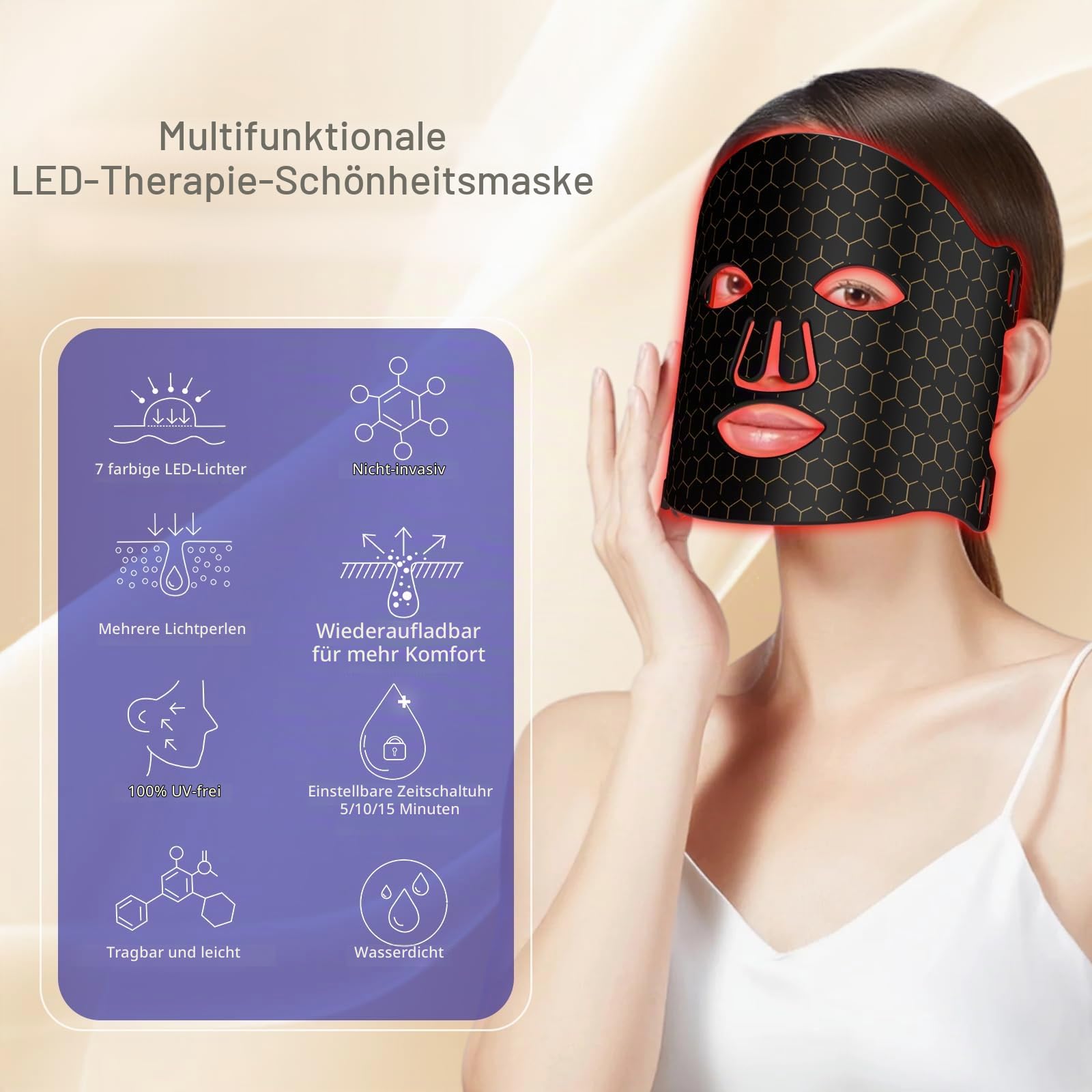 LED Maske Gesicht – LED Gesichtsmaske Lichttherapie mit 7 Modi, Red Light Therapy Face Mask 7 Funktion Mit Controller, Aufladbar Rotlicht Maske Gesicht für Anti-Aging (Schwarz)