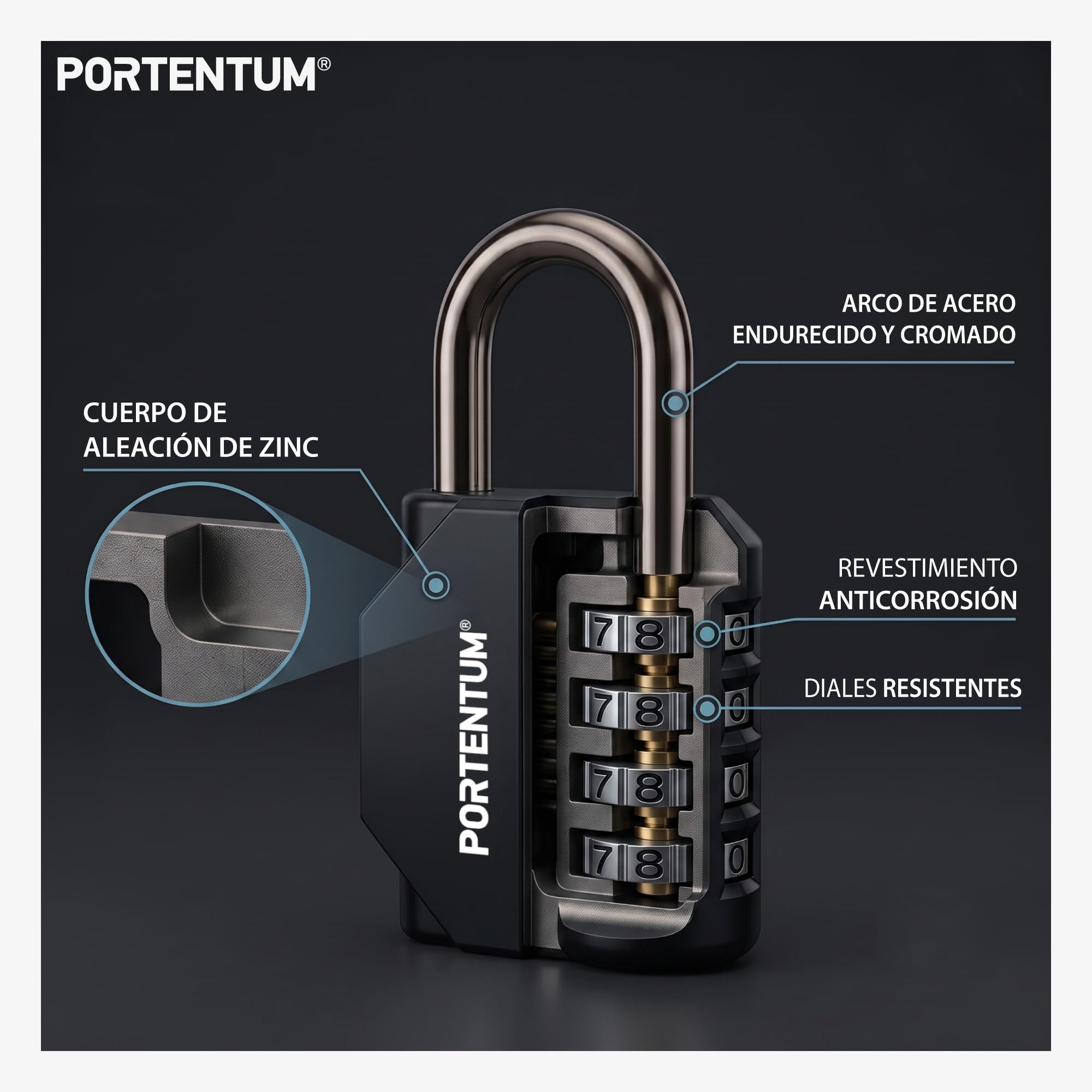 PORTENTUM Candado combinacion 4 dígitos reajustable – Caja de 20 candados en 10 packs de 2 – Candado taquilla gimnasio con arco de acero – Candado exterior negro para armarios vallas y trasteros