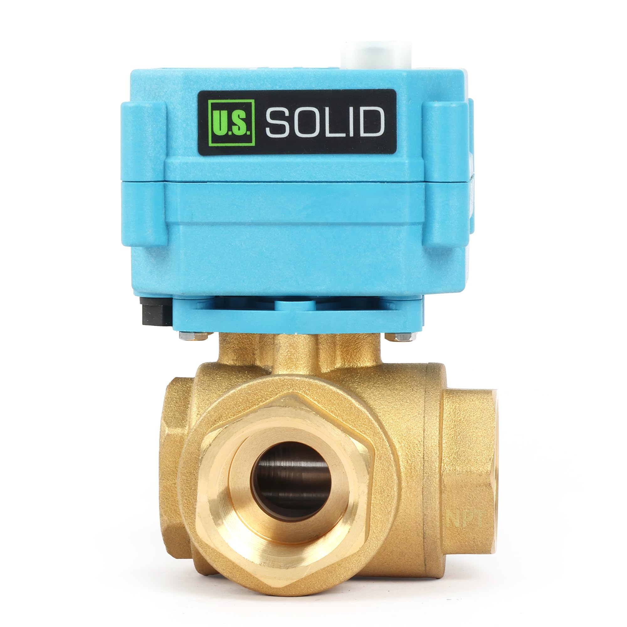 U.S. Solid Vanne 3 voies motorisée laiton – 3/4", 110-230 V CA, type T, électrique de zone avec fonction manuelle, robinet d'arrêt d'eau, port standard