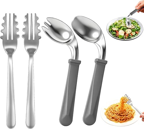 Utensilios adaptativos (2 tenedores y 2 cucharas), utensilios construidos para Parkinson, acero inoxidable seguro de fácil agarre, 1.5 oz cada uno