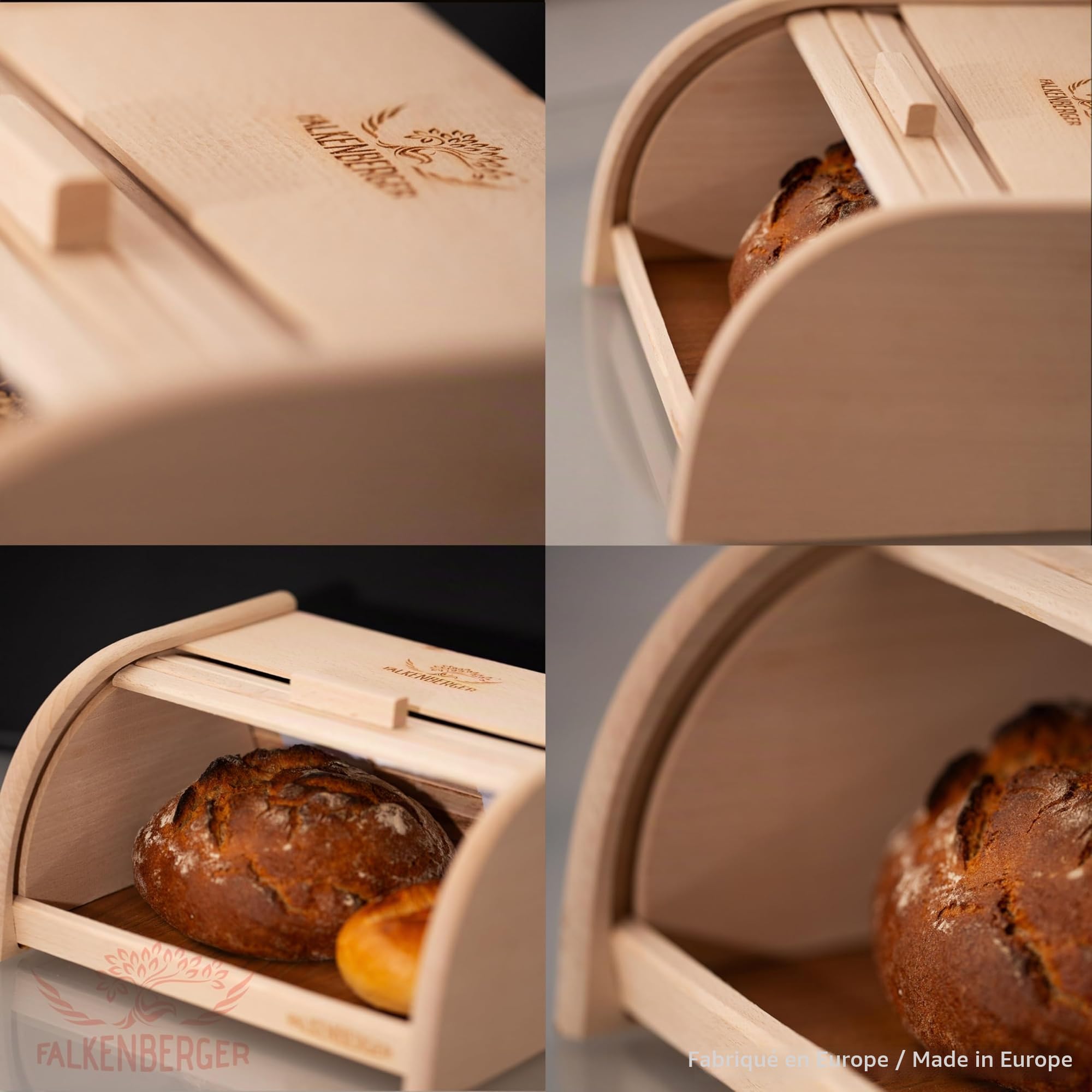 Boîte à pain en bois de hêtre Env. 32 x 25 x 16 cm M Boîte à pain à rouleau Boîte à pain traditionnelle avec couvercle roulant Fait main