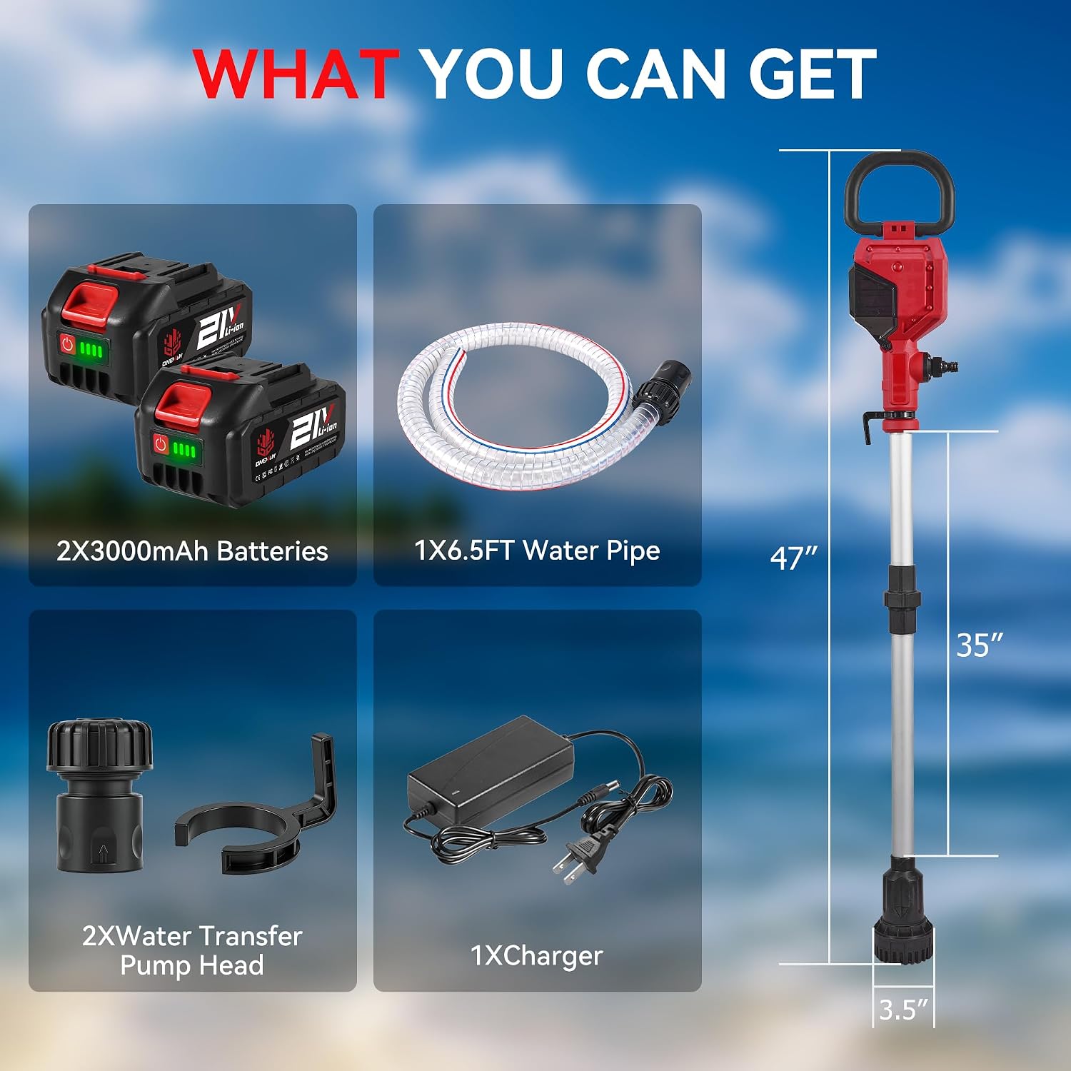 Cordless Stick Water Transfer Pump, Battery Powered Sump Pump with 2X3000mAh Batteries, 6.5FT Water Pipe, 720GPH, 32FT Lift, Brushless Portable Water Pump for Pool Garden Pond