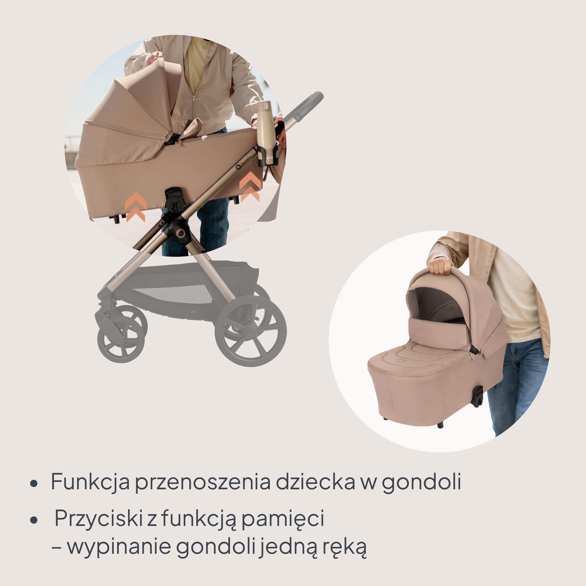 LIONELO Carmine Wózek dziecięcy 2 w 1, wózek dziecięcy kombi od urodzenia do 4 lat, do 22 kg, gondola dla niemowląt i wózek spacerowy, koła GravelTech, zawieszenie, osłona UPF50+, wentylacja
