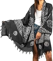 Tribe Azure Fair Trade Boho Scarf Wrap - Large 72x36 Hand-Printed Cotton Rayon Yoga Shawl White Black Yellow
