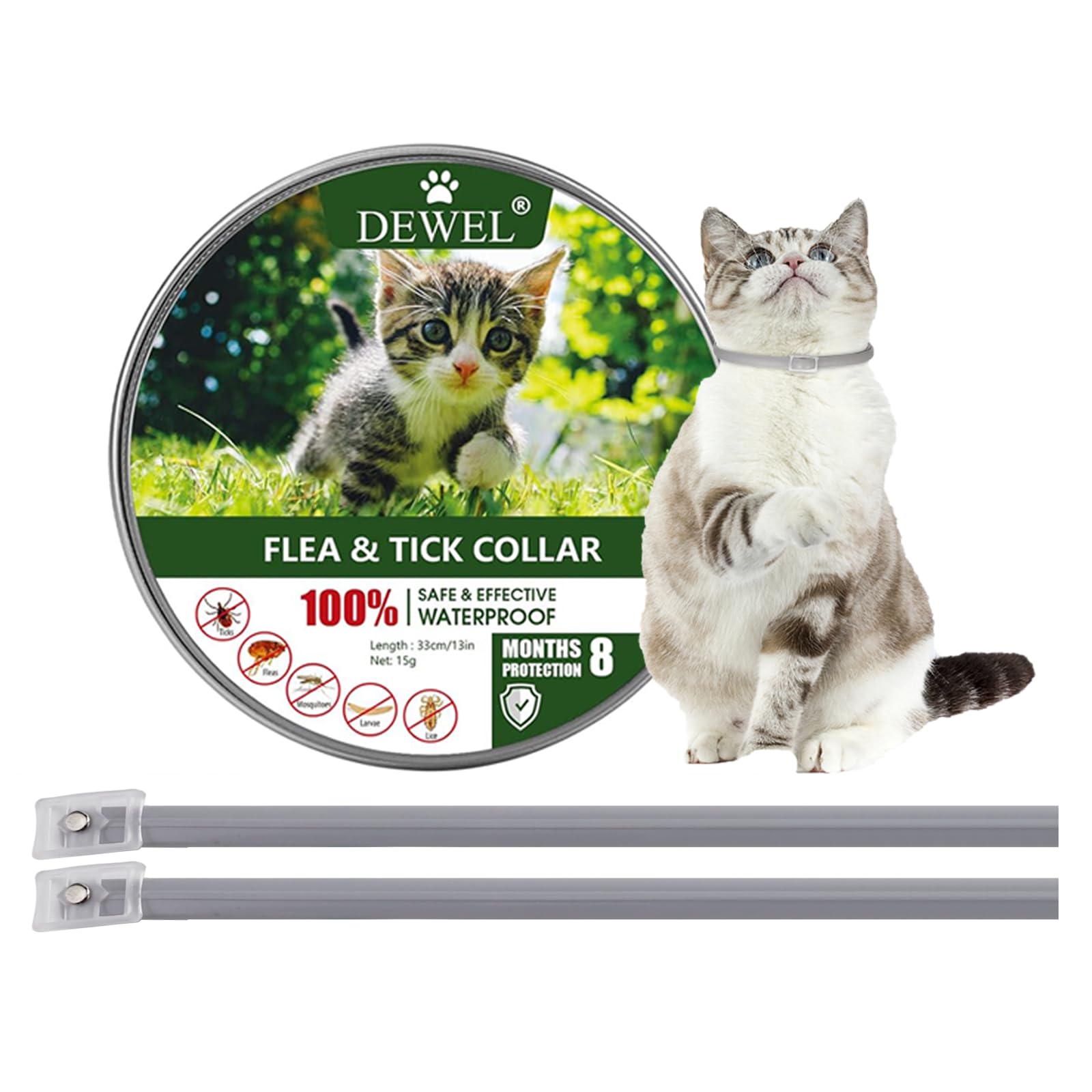 DEWEL Collar Antipulgas para Gatos, Collar Antiparasitario 8 Meses de Protección, Collar contra Pulgas y Garrapatas 34,5 cm para Gatos y Perros Pequeño, Gris (2 PCS)